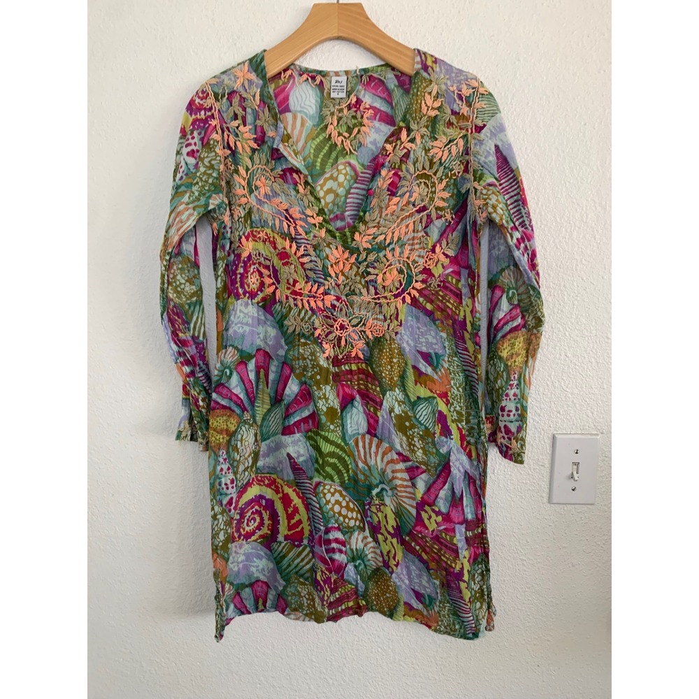 Raj Womens Cotton Embroidered V-Neck Shell Print Tunic Dress Multicolor Small